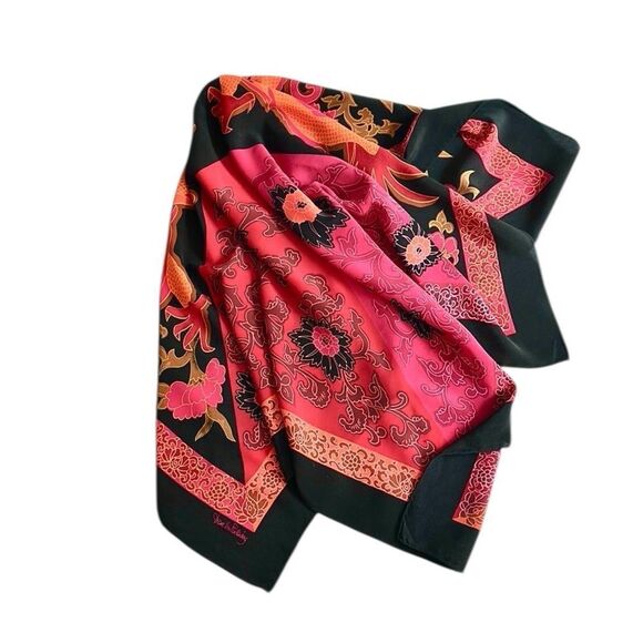 Diane Von Furstenberg Silk Scarf Asian Dragon Floral Black Magenta 34" DVF - Picture 6 of 14